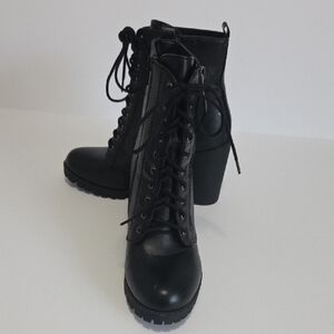 Soda Black Lace-Up Block Heel Ankle Boots